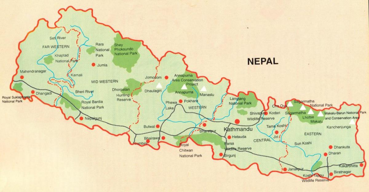 peta dari nepal dengan tempat-tempat wisata