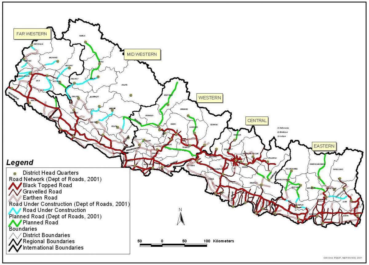 Peta jalan nepal dengan kabupaten