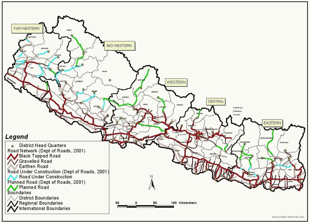 nepal peta dengan jalan raya