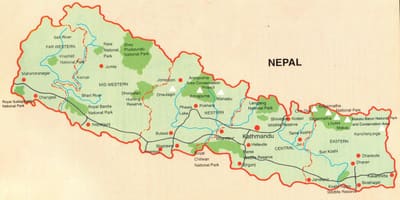 Peta dari nepal dengan tempat-tempat wisata
